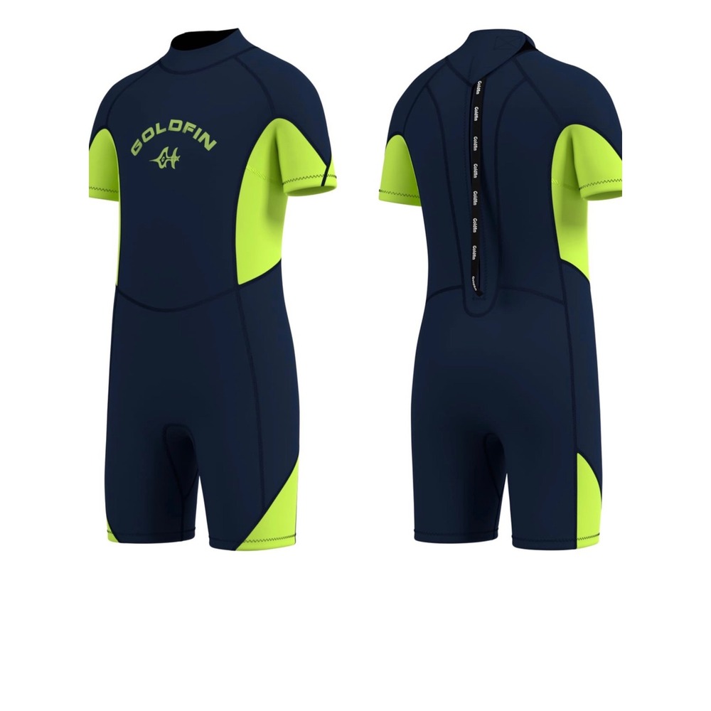 Goldfin Wetsuit Shorty Youth 8 Navy Blue Neon Yellow Excellent Back Zip Neoprene
